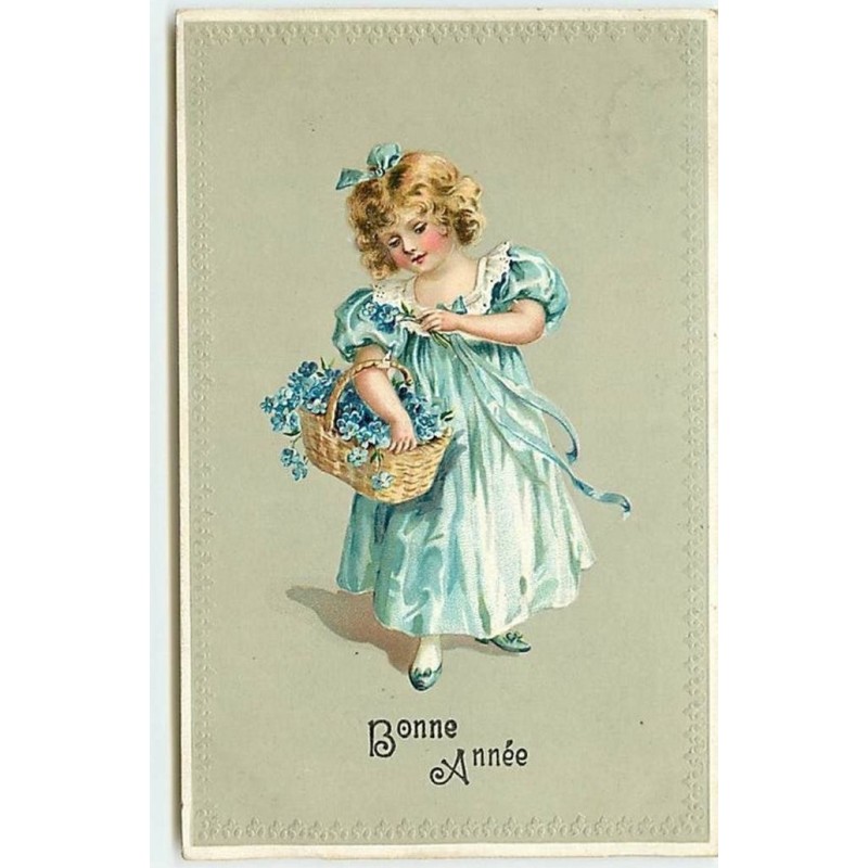 n°13578 - Carte Gaufrée - Bonne Année - Fillette portant un panier rempli de fleurs