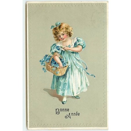 n°13578 - Carte Gaufrée - Bonne Année - Fillette portant un panier rempli de fleurs
