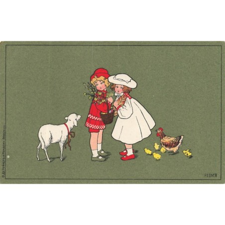 n°29204 - Illustrateur P. Ebner - Un mouton, et une poule et ses petits s'approchant de deux enfants