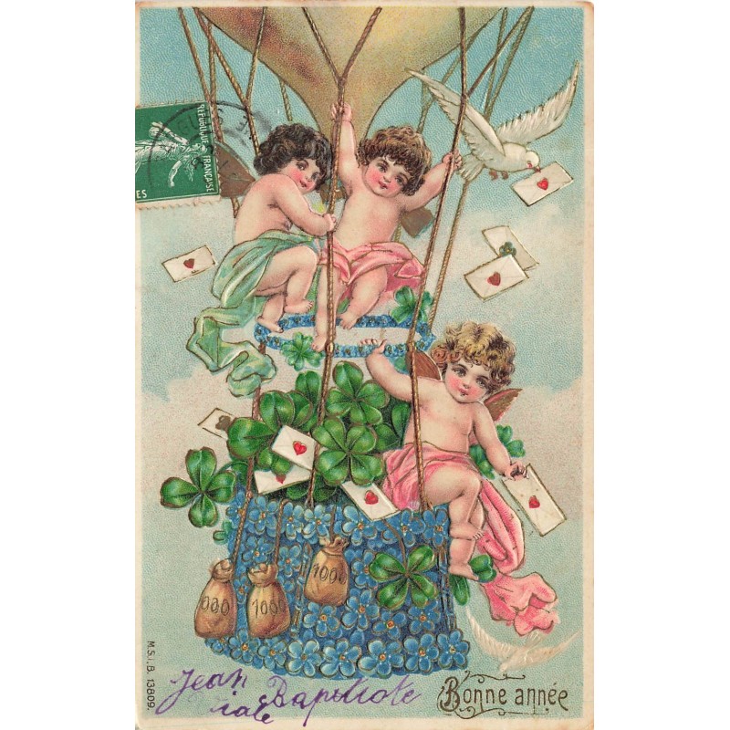 n°29212 - Carte Gaufrée - MSIB 13809 - Bonne Année - Anges dans une nacelle fleurie lançant des lettres