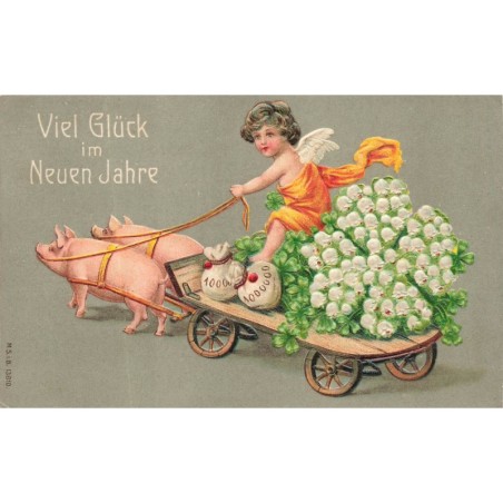 n°29215 - Carte Gaufrée - Nouvel An - MSIB 13810 - Ange assis sur des brins de muguets, cochons