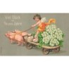 n°29215 - Carte Gaufrée - Nouvel An - MSIB 13810 - Ange assis sur des brins de muguets, cochons