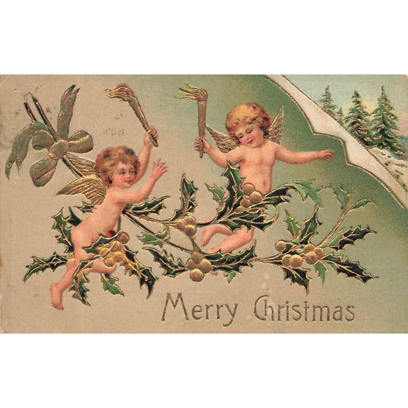 n°29220 - Carte Gaufrée - Noël - Merry Christmas - Anges tenant des torches, volant autour de feuilles de houx