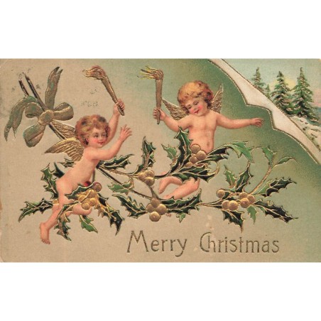 n°29220 - Carte Gaufrée - Noël - Merry Christmas - Anges tenant des torches, volant autour de feuilles de houx