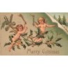n°29220 - Carte Gaufrée - Noël - Merry Christmas - Anges tenant des torches, volant autour de feuilles de houx