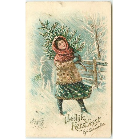 n°13582 - Carte Gaufrée - Vroolijk Kerstfeest - Jeune fille portant un sapin