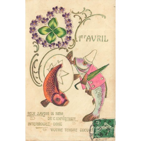 n°29224 - Carte Gaufrée - 1er Avril - Pour savoir le nom de l'expéditeur ... - Poissons habillés