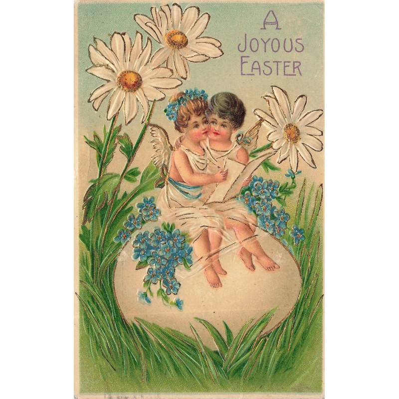 n°29227 - Carte Gaufrée - Pâques - A Joyous Easter - Anges assis sur un oeuf au milieu de fleurs