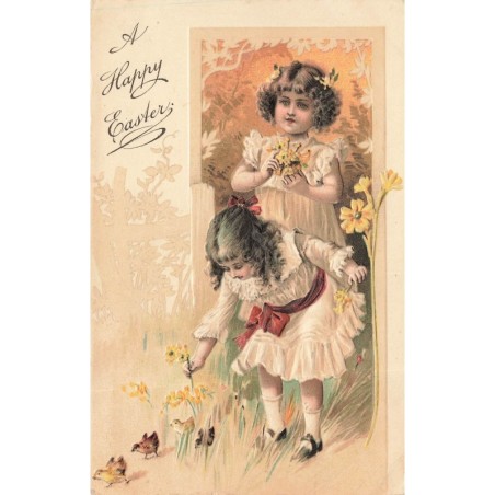 n°29228 - Carte Gaufrée - 6925 - Pâques - A Happy Easter - Fillettes cueillant des fleurs
