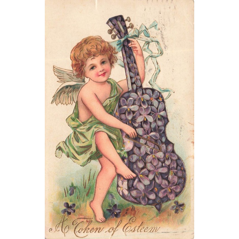 n°29231 - Carte Gaufrée - Ange - A Token  of Esteem - Ange jouant d'un violoncelle fleurie avec des violettes