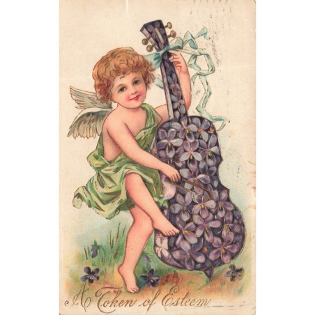 n°29231 - Carte Gaufrée - Ange - A Token  of Esteem - Ange jouant d'un violoncelle fleurie avec des violettes