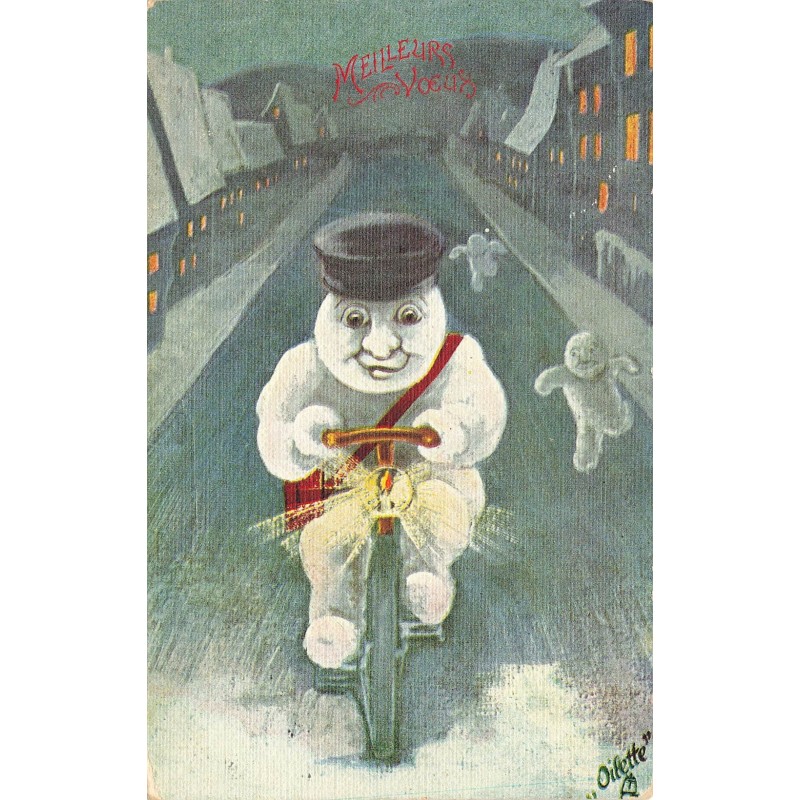 n°29233 - Fantaisie - Meilleurs Voeux - Bonhomme de neige faisant du vélo - Oilette