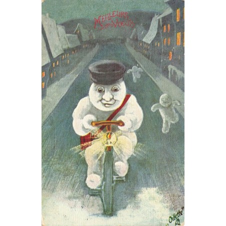n°29233 - Fantaisie - Meilleurs Voeux - Bonhomme de neige faisant du vélo - Oilette
