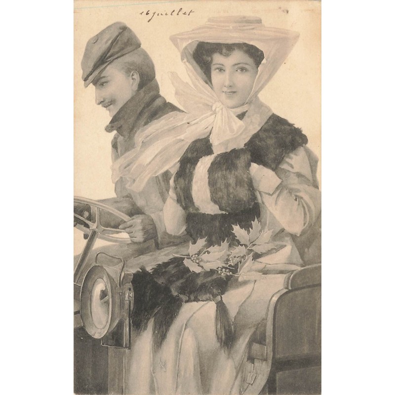 n°29234 - Fantaisie - Couple dans une voiture, la femme les mains dans son manchon