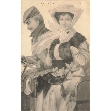 n°29234 - Fantaisie - Couple dans une voiture, la femme les mains dans son manchon