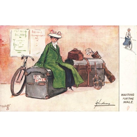 n°29235 - Holiday Making - Waiting for the Male - Une femme assise sur ses malles -Vélo