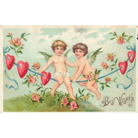 n°29240 - Carte Gaufrée - Fantaisie - Best Wisches - Anges assis sur une guirlande de coeur