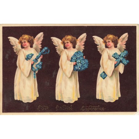 n°29242 - Clapsaddle - Foi, Charité et Espérance - Ange portant un ancre, un coeur et une croix en myosotis