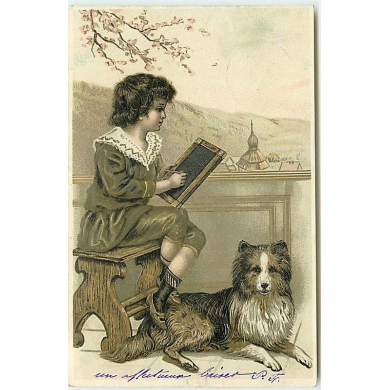 n°13584 - Carte Gaufrée - Chien à côté d'un enfant écrivant sur une ardoise