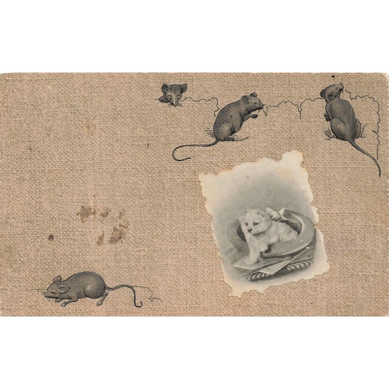 n°29244 - Carte Gaufrée - Animaux - Souris autour d'un chien dans son panier