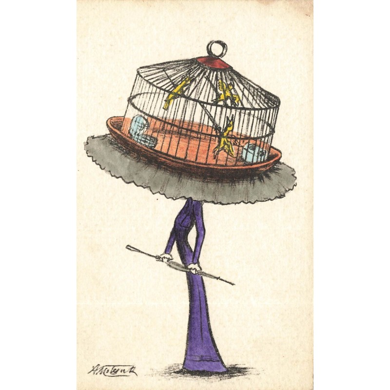 n°29252 - Illustrateur Molynk - Femme portant une cage à oiseaux comme chapeau