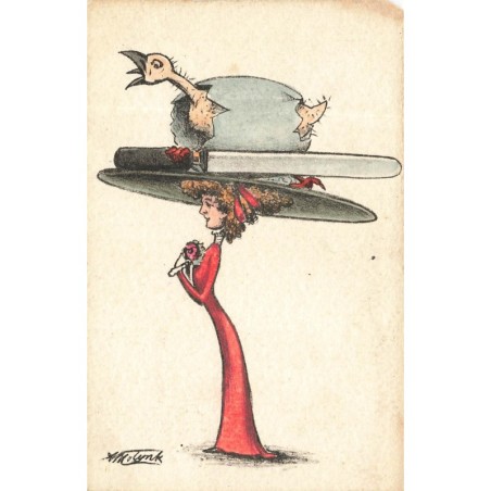 n°29253 - Illustrateur Molynk - Femme portant un oiseau sortant de son oeuf sur son chapeau