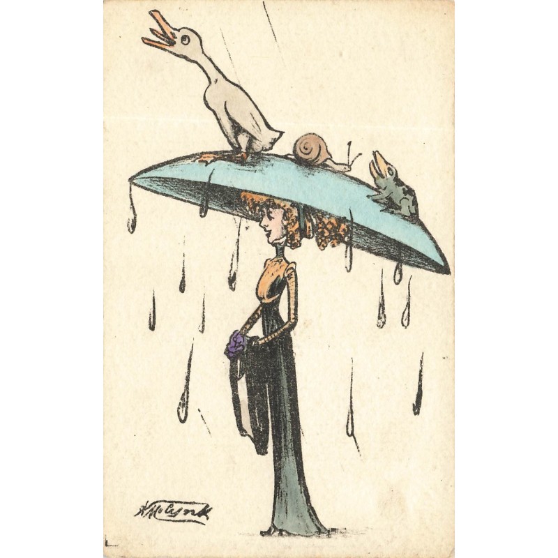n°29254 - Illustrateur Molynk - Femme portant un canard, un escargot et une grenouille sur son grand chapeau