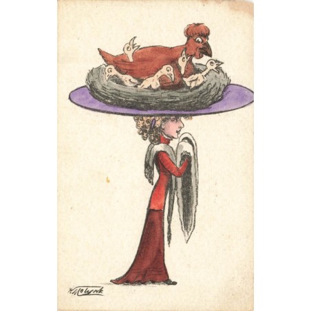 n°29255 - Illustrateur Molynk - Femme portant une poule et ses poussins dans leur nid, sur son chapeau
