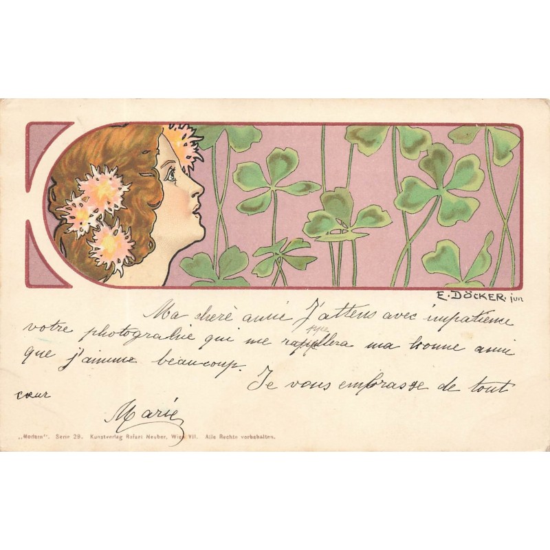 n°29258 - Illustrateur E. Döcker - Jeune femme regardant des trèfles - Art Nouveau