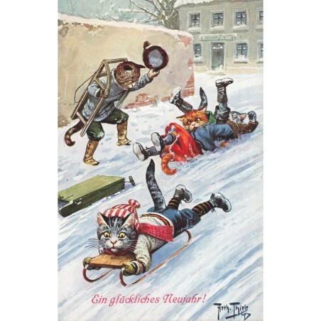 n°29263 - Illustrateur Arthur Thiele - Ein Glückliches Neujahr- Chats habillés jouant avec des luges dans une rue