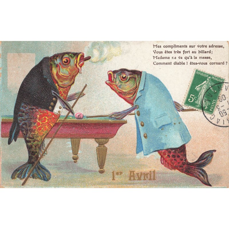 n°29268 - Carte Gaufrée - 1er Avril - Poissons humanisés jouant au billard