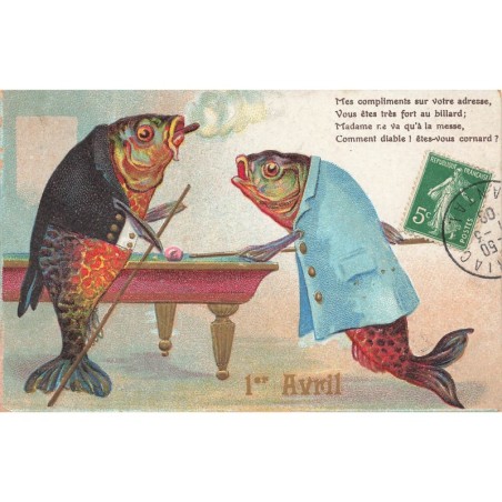 n°29268 - Carte Gaufrée - 1er Avril - Poissons humanisés jouant au billard