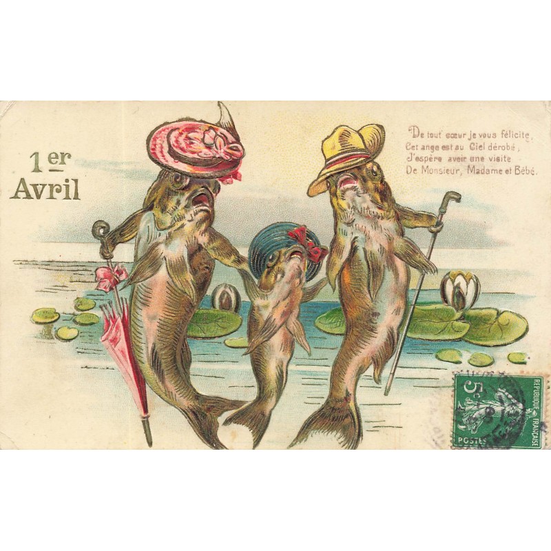 n°29269 - Carte Gaufrée - 1er Avril - Poissons humanisés se promenant en famille, nénuphar