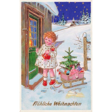 n°29271 - Fröhliche Weihnachten - Ange apportant des jouets à l'aide d'une luge, frappant à une porte