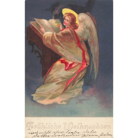 n°29272 - Clapsaddle - Fröhliche Weihnachten - Ange gardien lisant à l'aide d'une lampe à huile