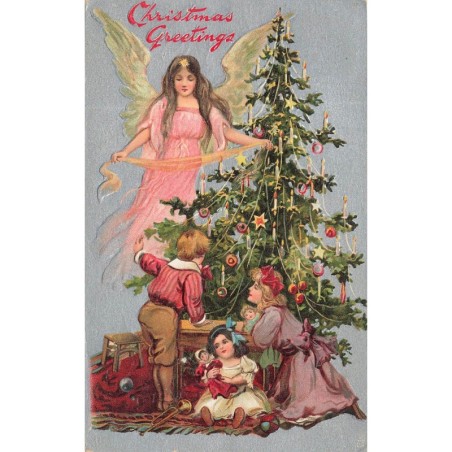 n°29274 - Carte Gaufrée - Christmas Greetings - Enfants près d'un ange gardien décorant un sapin