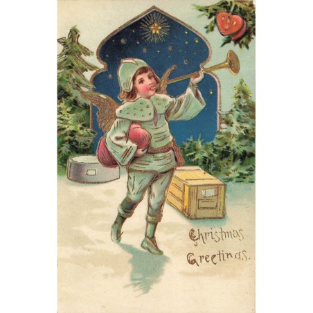 n°29275 - Carte Gaufrée - Christmas Greetings - Ange sonnant dans une trompette