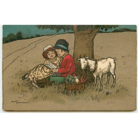 n°10358 - Carte Illustrateur - Ethel Parkinson - Enfants lisant sous un arbre - chèvre