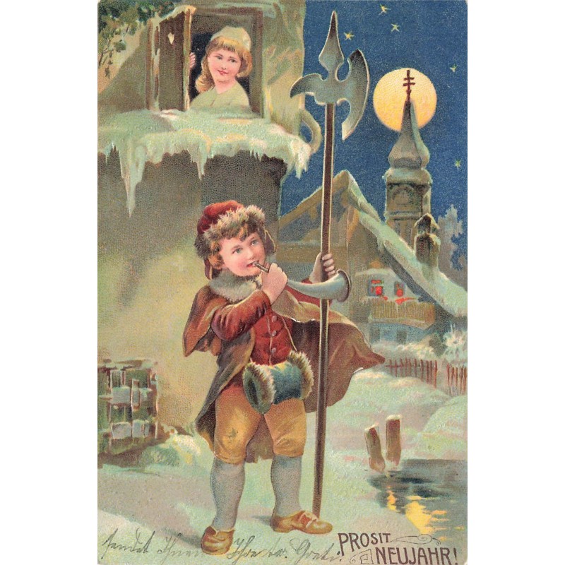 n°29284 - Carte Gaufrée - Prosit Neujahr - Un jeune homme sonnant dans une corne dans une rue