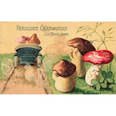 n°29287 - Nouvel An - Champignons humanisés regardant une automobile