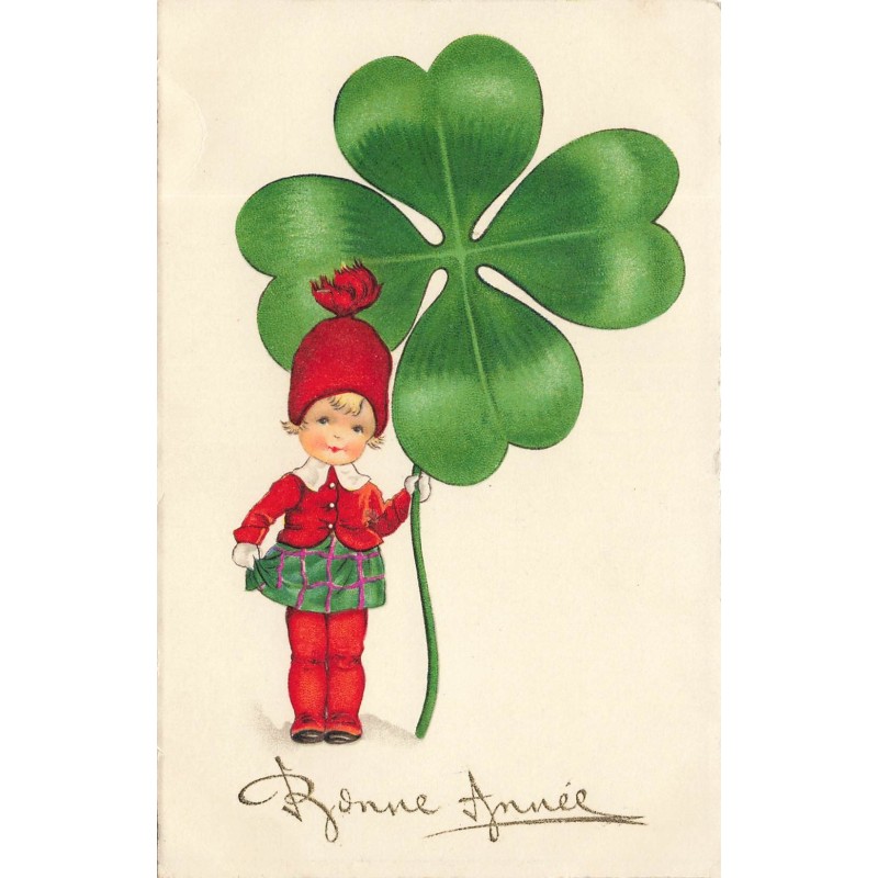 n°29288 - Style Baumgarten - Bonne Année - Fillette tenant un trèfle