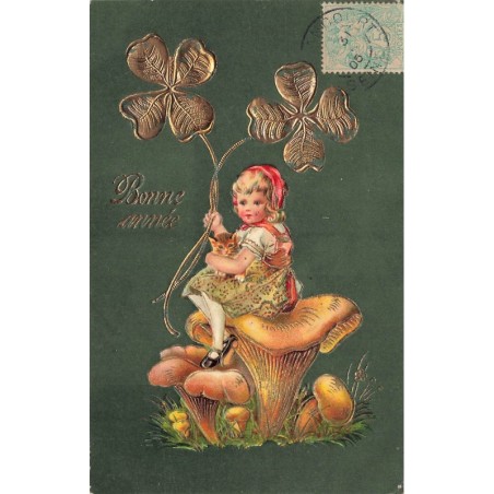 n°29290 - Carte Gaufrée - Bonne Année - Fillette assise sur un champignon, tenant des trèfles