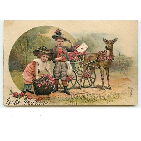 n°13589 - Carte Gaufrée - Enfants chargeant des paniers remplis de fleurs et portés par un faon
