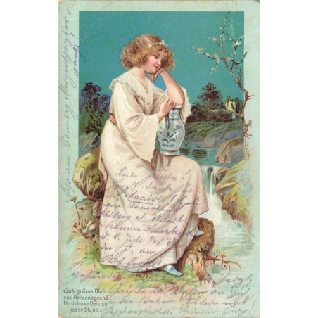 n°29294 - Fantaisie - Jeune fille admirant un oiseau, au bord d'un ruisseau