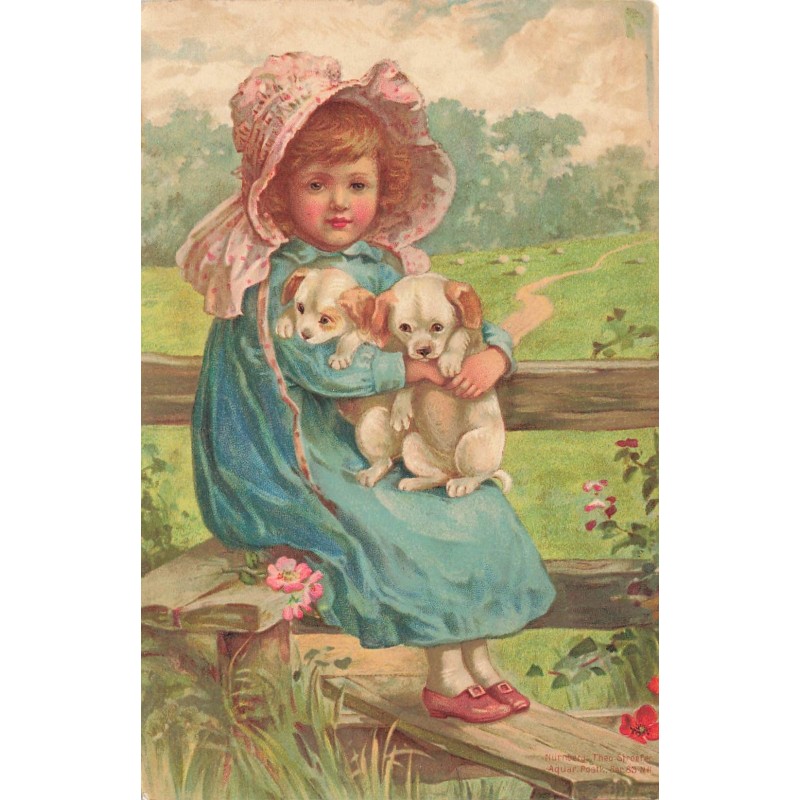 n°29295 - Fantaisie - Fillette tenant deux chiots dans les bras