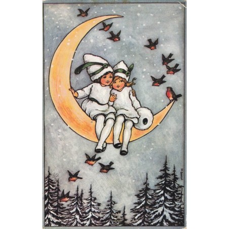 n°29298 - Fantaisie - Style Hardy, Parkinson - Deux fillettes assise sur un croissant de lune