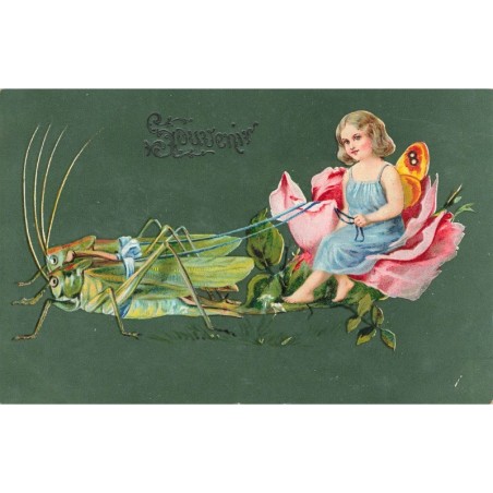 n°29300 - Fantaisie - Souvenir - Fée sur une rose tirée par deux sauterelles