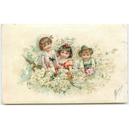 n°13593 - Carte Gaufrée - Enfants parmi des branches fleuries