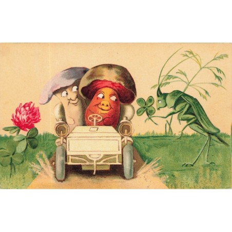 n°29314 - Fantaisie - Sauterelle offrant un trèfle à des champignons humanisés conduisant une voiture