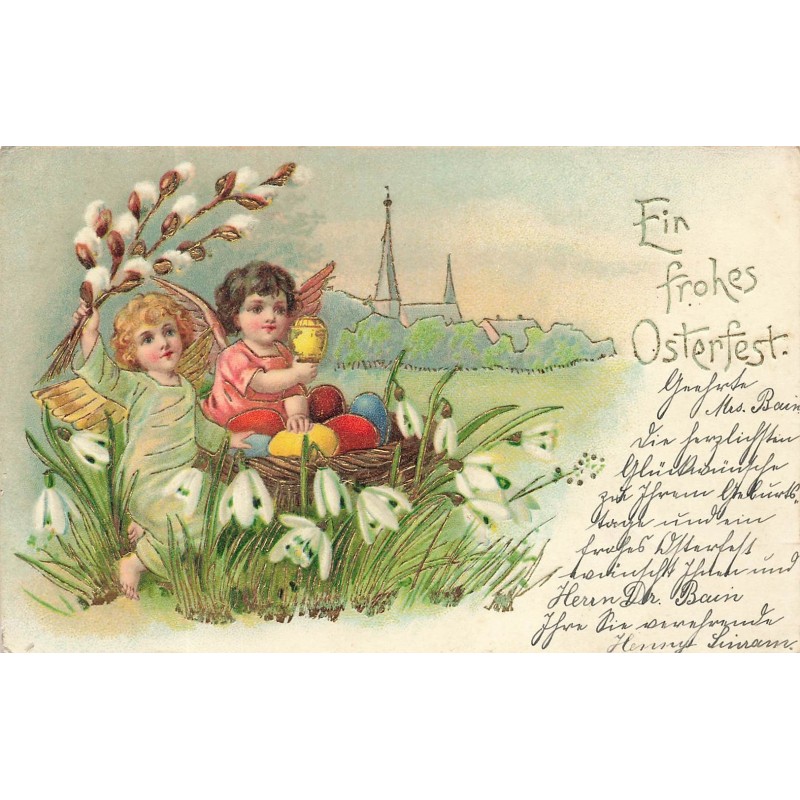 n°29317 - Carte Gaufrée - Pâques - Ein frohes Osterfest - Anges avec des oeufs